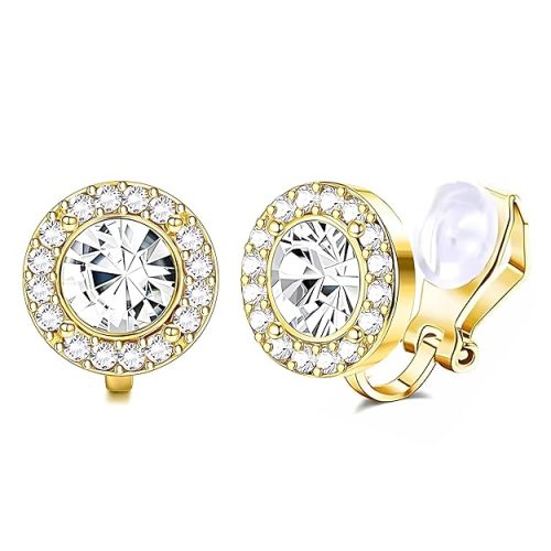 clip on earrings round silver crystal stud