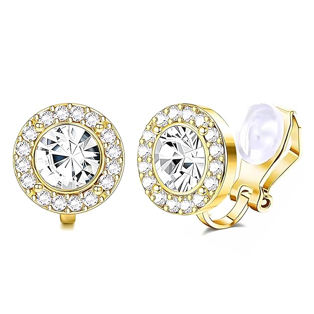 clip on earrings round silver crystal stud