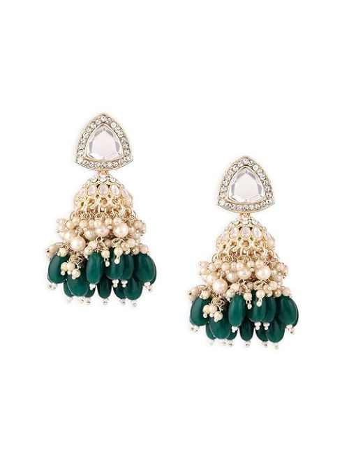 triangular stones white pearls drop emerald green earrings