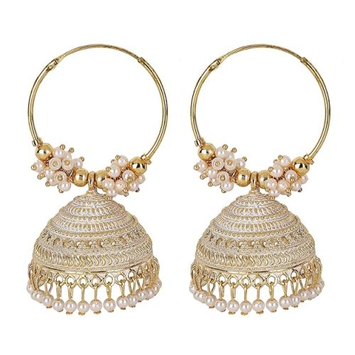 traditional jhumki gold hoop earrings with white pearls