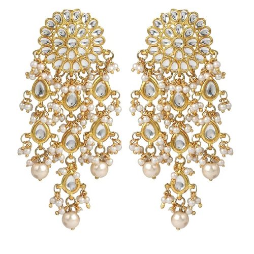 gold tassel earrings with white kundan pearls