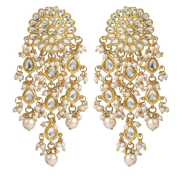 gold tassel earrings with white kundan pearls