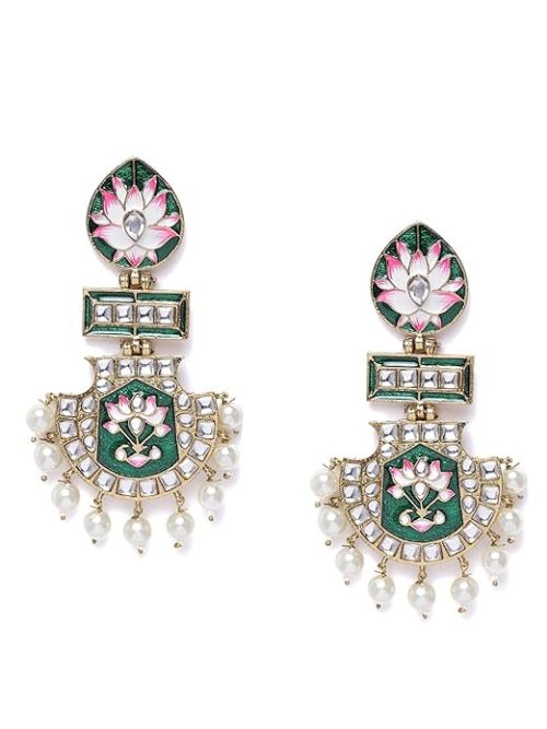zaveri pearls earrings green pink meenakari lotus design