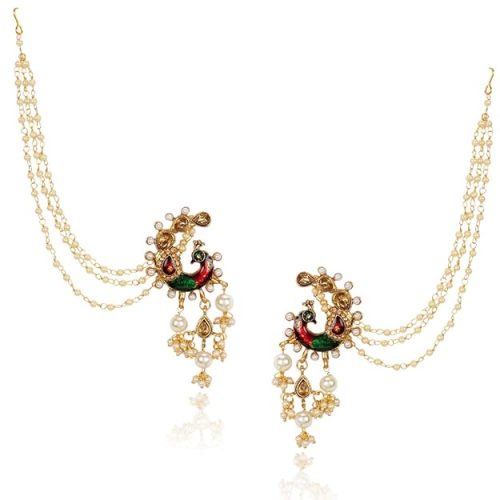 peacock earrings with hair chain gold plated & pearl