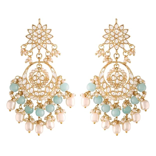 turquoise and white pearl chandbali earrings gold