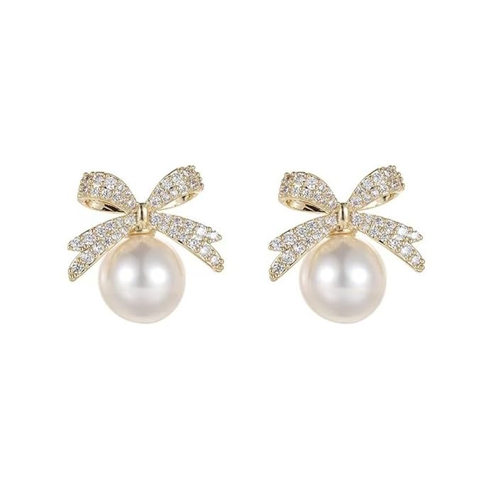 crystal bow big pearl earrings for women & girls