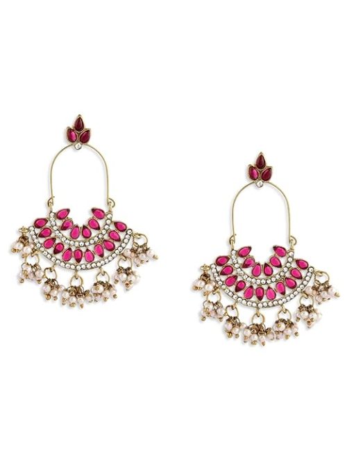 traditional rani pink kundan pearl jhumka earrings with gold plating