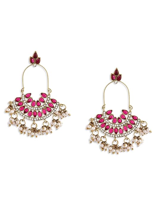 traditional rani pink kundan pearl jhumka earrings with gold plating
