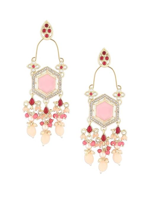 trendy ethnic long pink pearl earrings