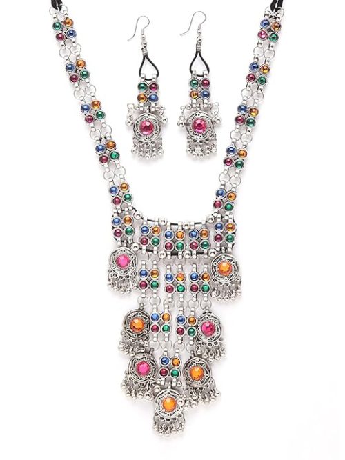 long silver choker necklace set afghani style