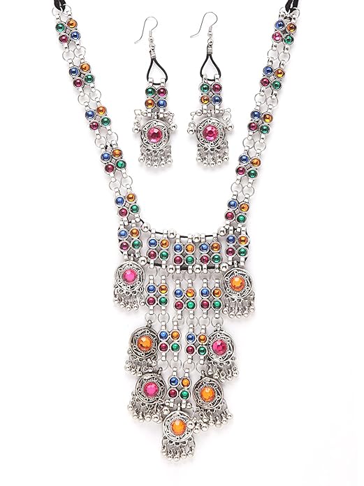 long silver choker necklace set afghani style