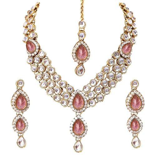 rose crystal gold locket women necklace with earrings and maangtikka