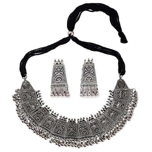 oxidised silver necklace women with earrings