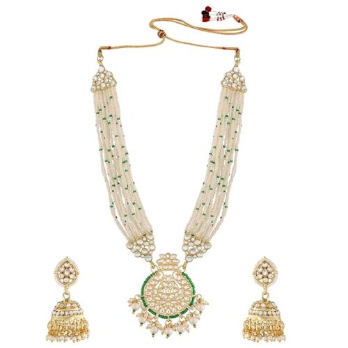 pearl necklace set green and white moti work jewelry set