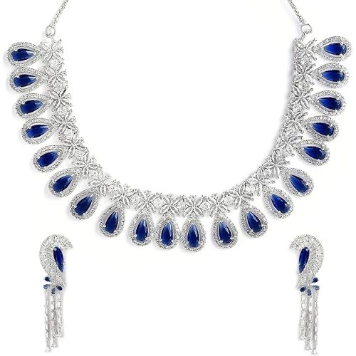 silver blue necklace with diamond stud earrings